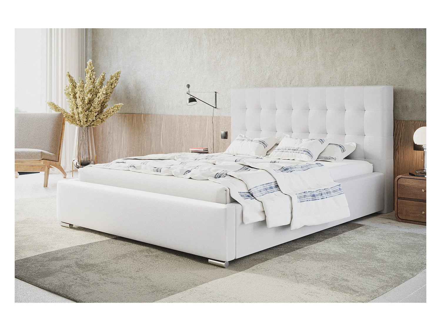 Lit rembourré RIO avec tête de lit, 140x200 cm, lit double avec coffre de rangement et sommier à lattes en bois, similicuir, couleur : blanc
