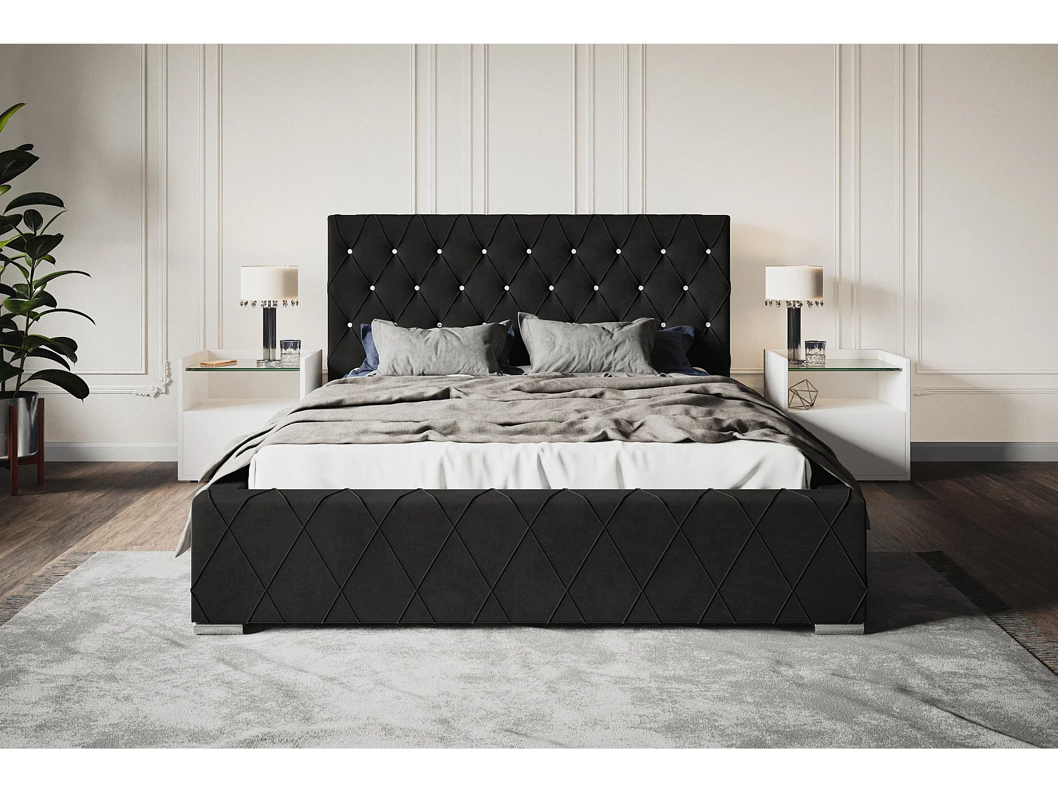 Lit rembourré Berlin avec tête de lit, 160x200 cm,  avec coffre de rangement et sommier à lattes en bois, tissu velours, couleur: noir