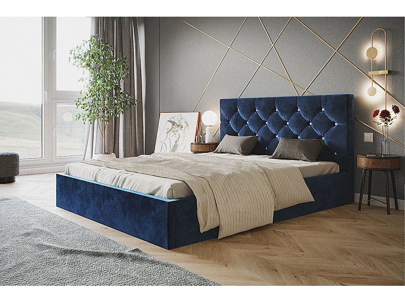 Lit rembourré BOSTON SLIM avec tête de lit, 140 x 200 cm, lit double avec coffre de rangement et sommier à lattes en bois, couleur : bleu foncé, tissu velours