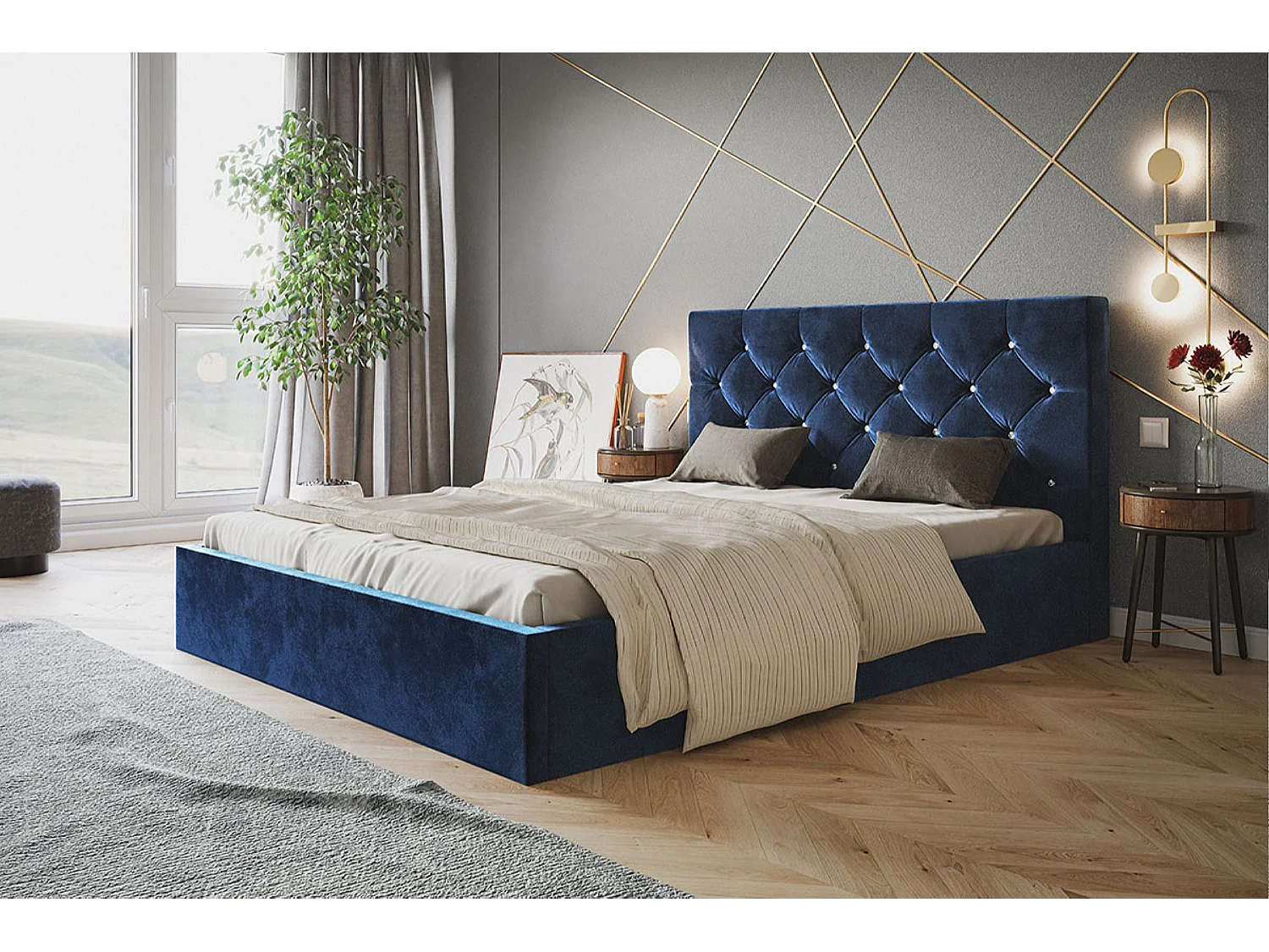 Lit rembourré BOSTON SLIM avec tête de lit, 140 x 200 cm, lit double avec coffre de rangement et sommier à lattes en bois, couleur : bleu foncé, tissu velours