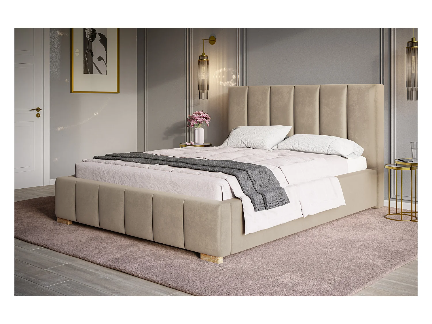 Lit rembourré Tokio avec tête de lit, 120x200 cm, lit double avec coffre de rangement et sommier à lattes en bois, tissu velours, couleur : beige