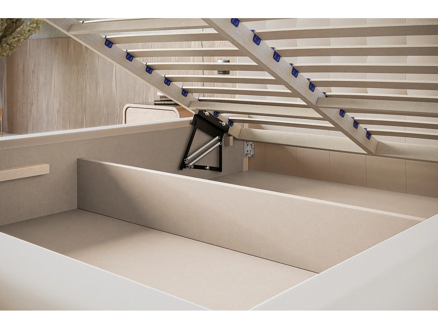 Lit rembourré RIO avec tête de lit, 120x200 cm, lit double avec coffre de rangement et sommier à lattes en bois, tissu structuré, couleur : gris clair