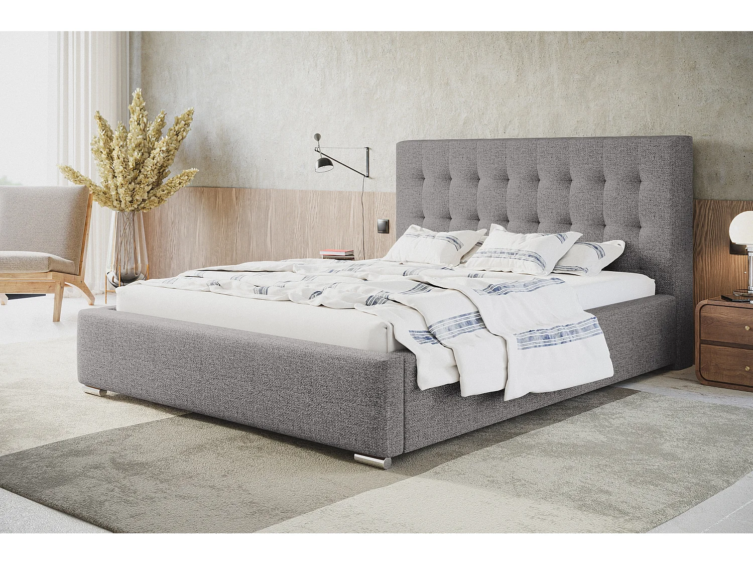 Lit rembourré RIO avec tête de lit, 160x200 cm,  avec coffre de rangement et sommier à lattes en bois, tissu structuré, couleur: gris clair