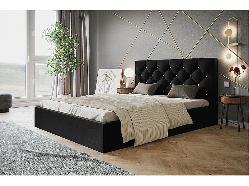 Lit rembourré BOSTON SLIM avec tête de lit, 140 x 200 cm, lit double avec coffre de rangement et sommier à lattes en bois, couleur : noir, tissu velours