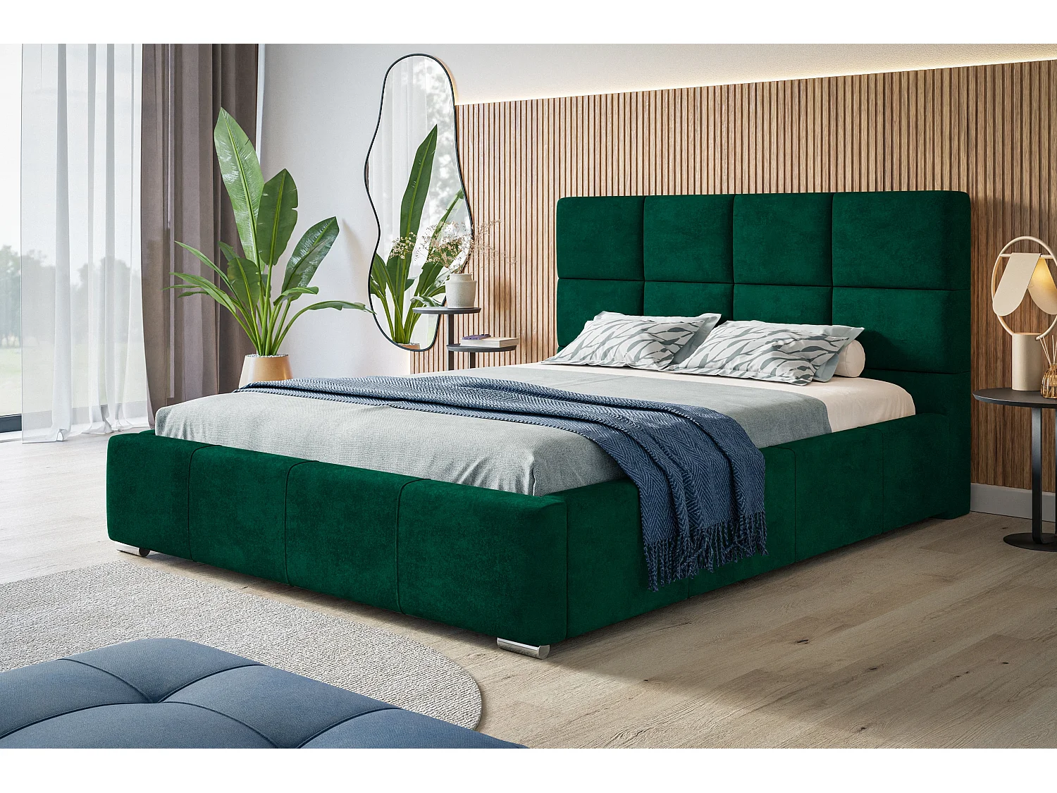 Lit rembourré Rom avec tête de lit, 120x200 cm,  avec coffre de rangement et sommier à lattes en bois, tissu velours, couleur: vert