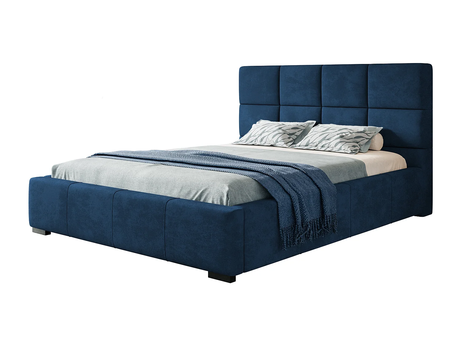 Lit rembourré Rom avec tête de lit, 140x200 cm, lit double avec coffre de rangement et sommier à lattes en bois, tissu velours, couleur : bleu foncé