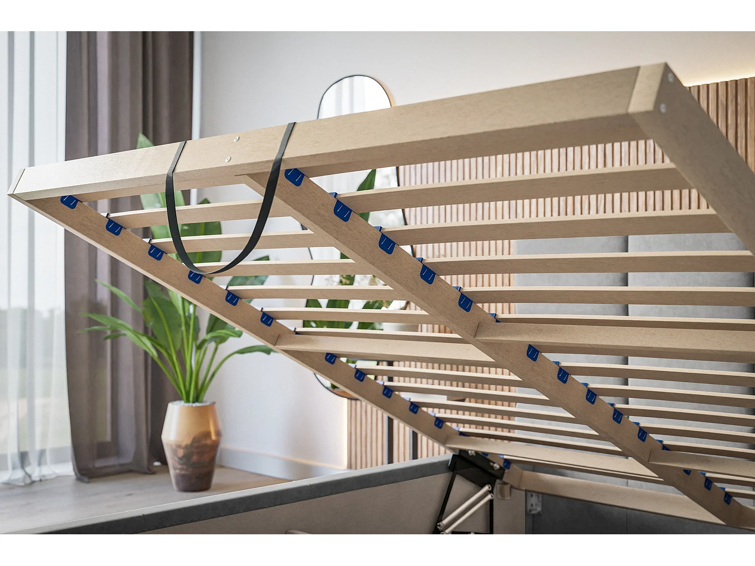 Lit rembourré Rom avec tête de lit, 140x200 cm, lit double avec coffre de rangement et sommier à lattes en bois, tissu velours, couleur : bleu foncé