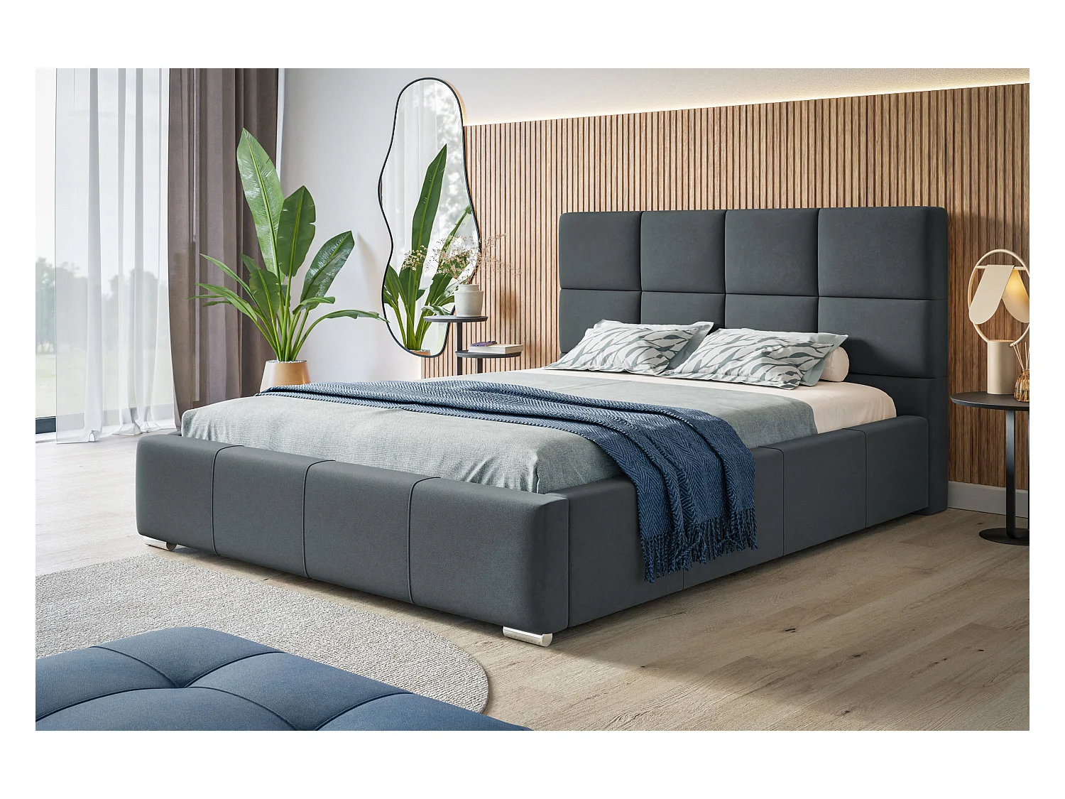 Lit rembourré Rom avec tête de lit, 140x200 cm, lit double avec coffre de rangement et sommier à lattes en bois, tissu velours, couleur : gris foncé