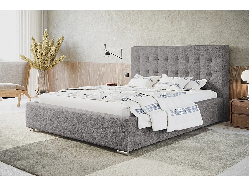 Lit rembourré RIO avec tête de lit, 180x200 cm, lit double avec coffre de rangement et sommier à lattes en bois, tissu structuré, couleur : gris clair