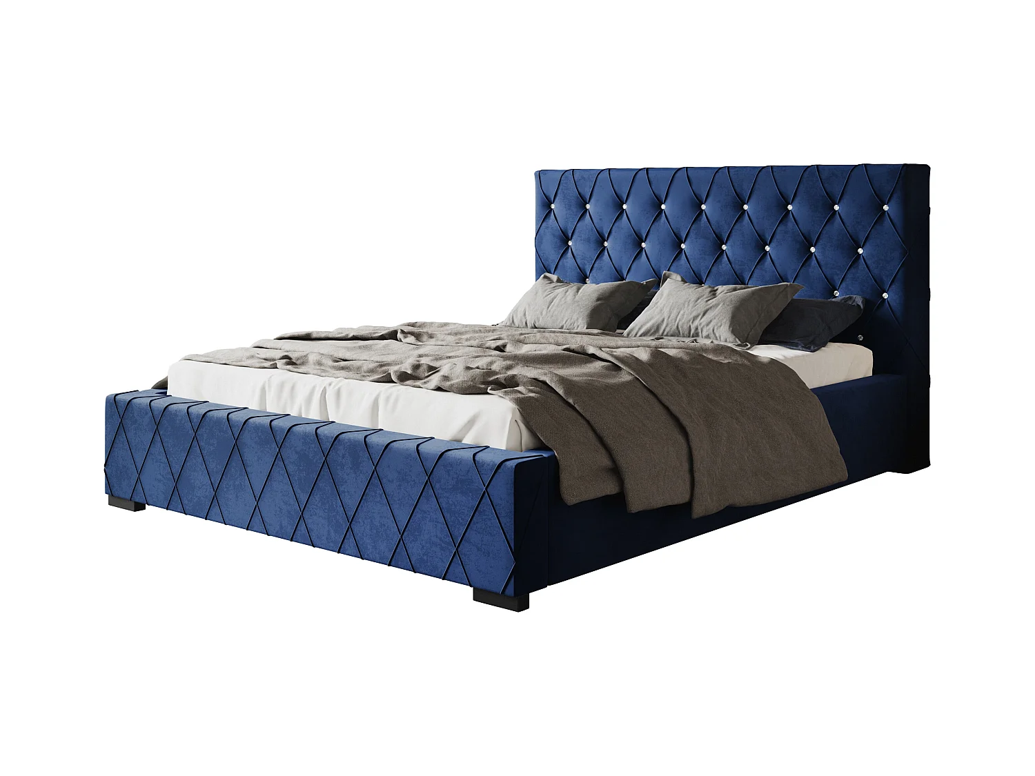 Lit rembourré Berlin avec tête de lit, 160x200 cm, lit double avec coffre de rangement et sommier à lattes en bois, tissu velours, couleur : bleu foncé