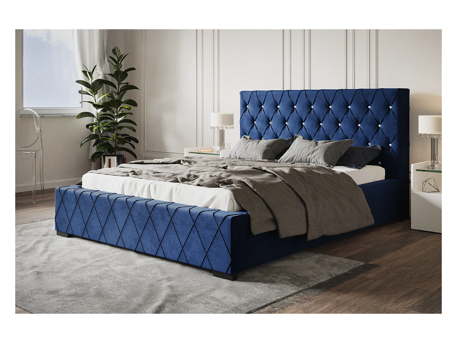 Lit rembourré Berlin avec tête de lit, 160x200 cm, lit double avec coffre de rangement et sommier à lattes en bois, tissu velours, couleur : bleu foncé