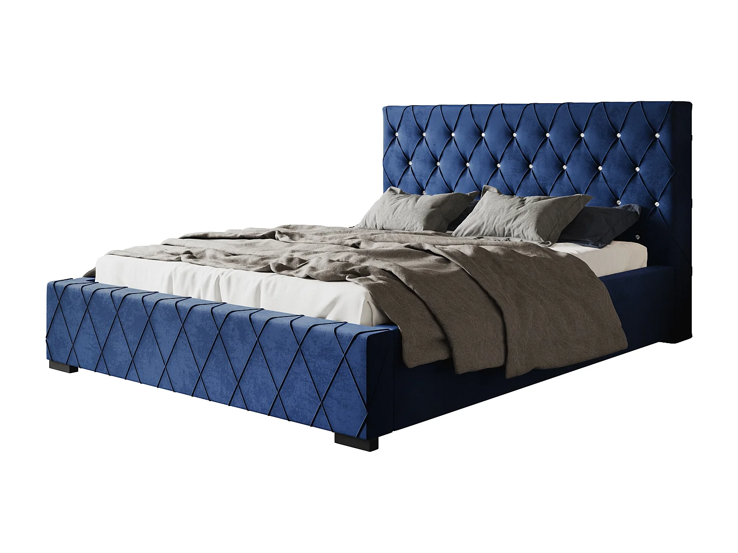 Lit rembourré Berlin avec tête de lit, 160x200 cm,  avec coffre de rangement et sommier à lattes en bois, tissu velours, couleur: bleu foncé