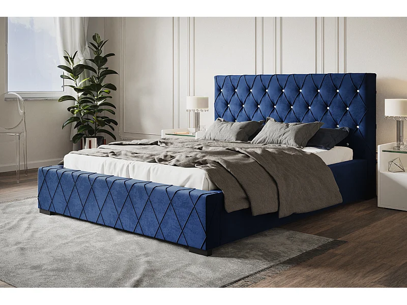 Lit rembourré Berlin avec tête de lit, 160x200 cm, lit double avec coffre de rangement et sommier à lattes en bois, tissu velours, couleur : bleu foncé