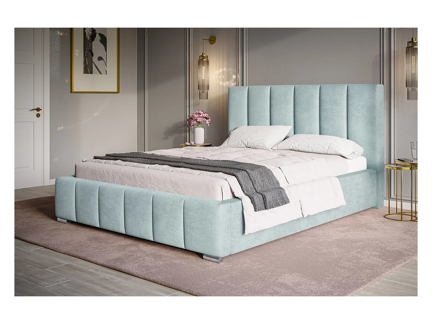 Lit rembourré Tokio avec tête de lit, 180x200 cm, lit double avec coffre de rangement et sommier à lattes en bois, tissu velours, couleur : turquoise