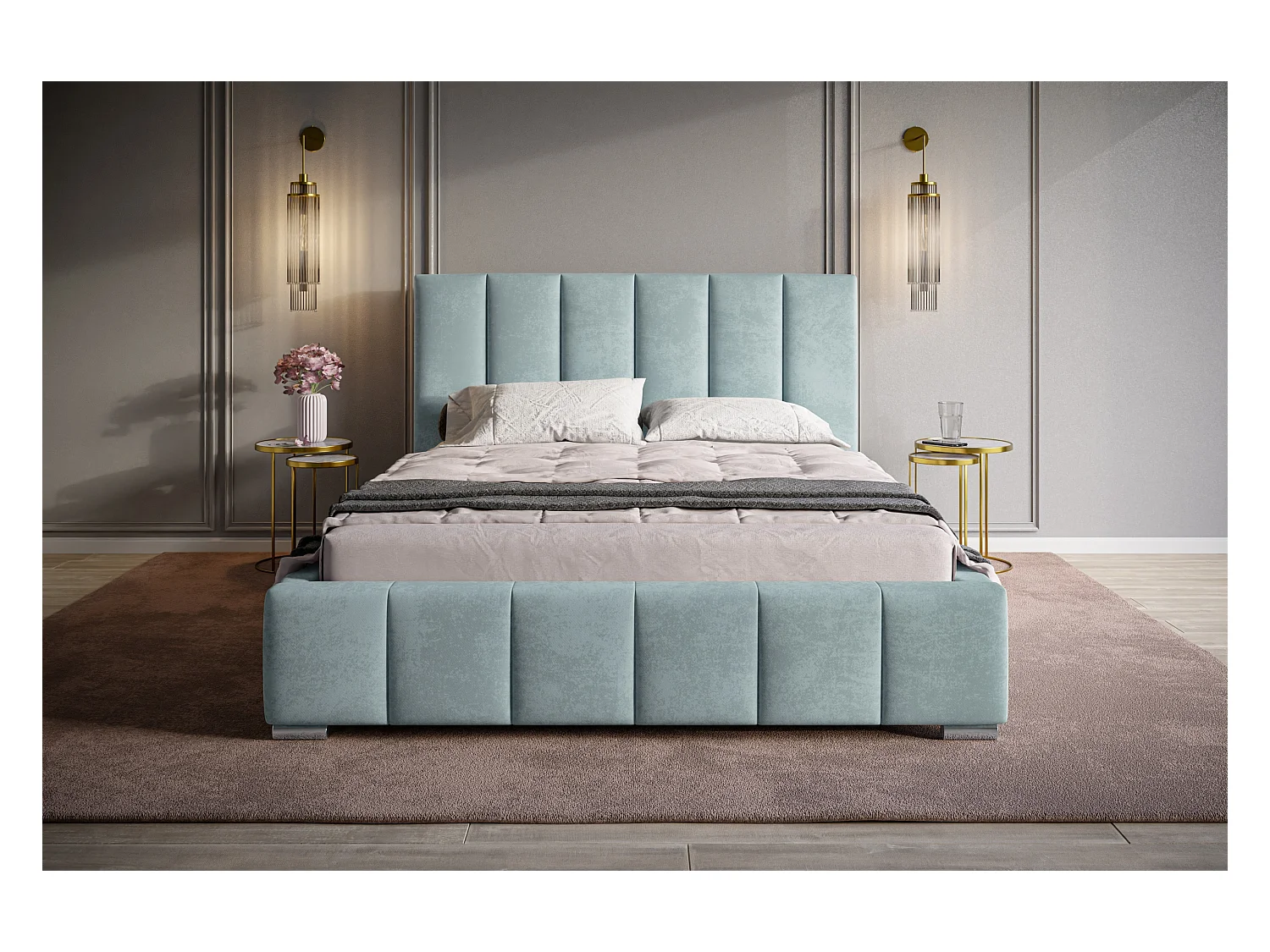 Lit rembourré Tokio avec tête de lit, 180x200 cm, lit double avec coffre de rangement et sommier à lattes en bois, tissu velours, couleur : turquoise