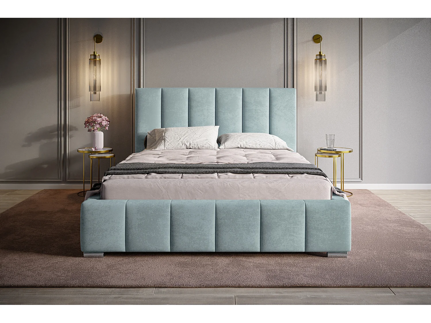 Lit rembourré Tokio avec tête de lit, 180x200 cm,  avec coffre de rangement et sommier à lattes en bois, tissu velours, couleur: turquoise