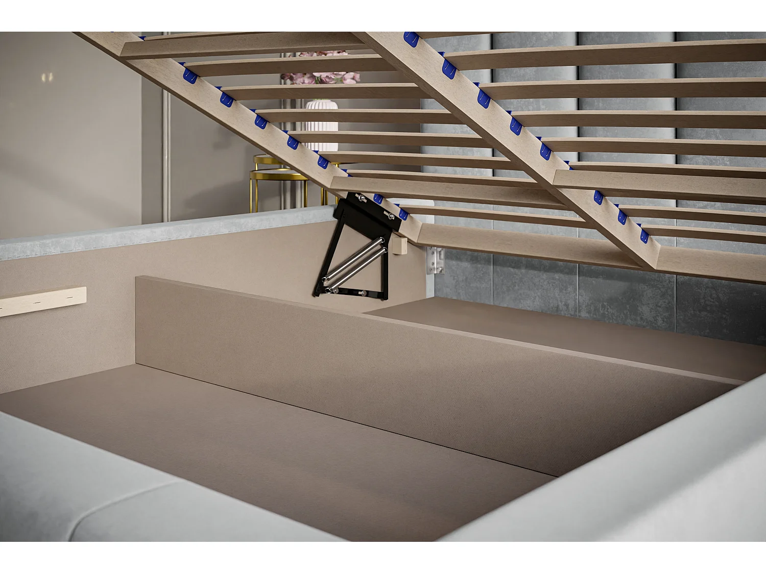 Lit rembourré Tokio avec tête de lit, 180x200 cm, lit double avec coffre de rangement et sommier à lattes en bois, tissu velours, couleur : gris foncé