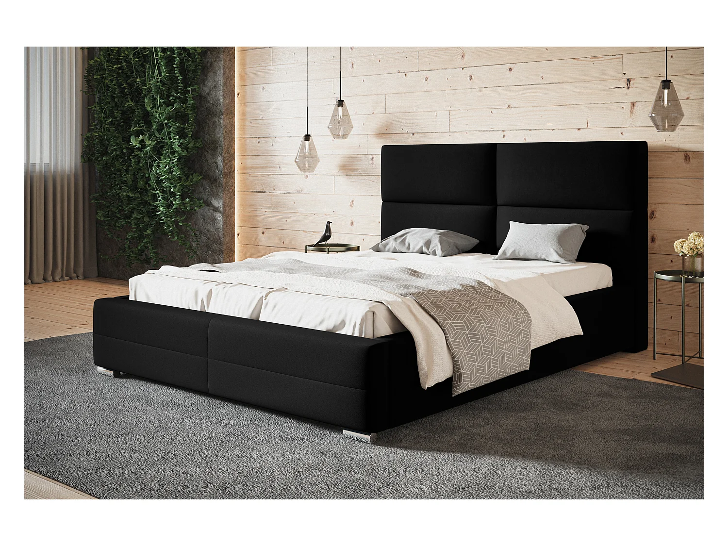 Lit rembourré Lisbonne avec tête de lit, 180x200 cm, lit double avec coffre de rangement et sommier à lattes en bois, tissu velours, couleur : gris clair