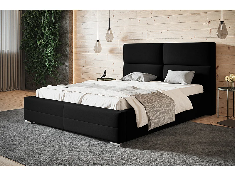 Lit rembourré Lisbonne avec tête de lit, 180x200 cm, lit double avec coffre de rangement et sommier à lattes en bois, tissu velours, couleur : gris clair