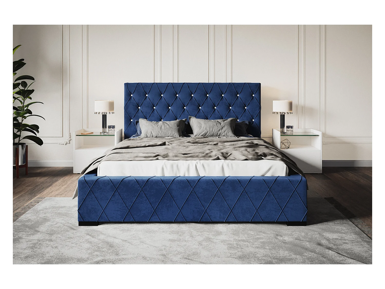 Lit rembourré Berlin avec tête de lit, 180x200 cm, lit double avec coffre de rangement et sommier à lattes en bois, tissu velours, couleur : bleu foncé