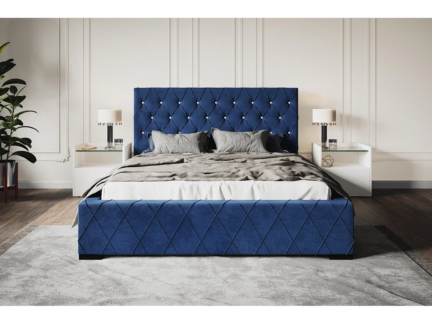 Lit rembourré Berlin avec tête de lit, 180x200 cm, lit double avec coffre de rangement et sommier à lattes en bois, tissu velours, couleur : bleu foncé