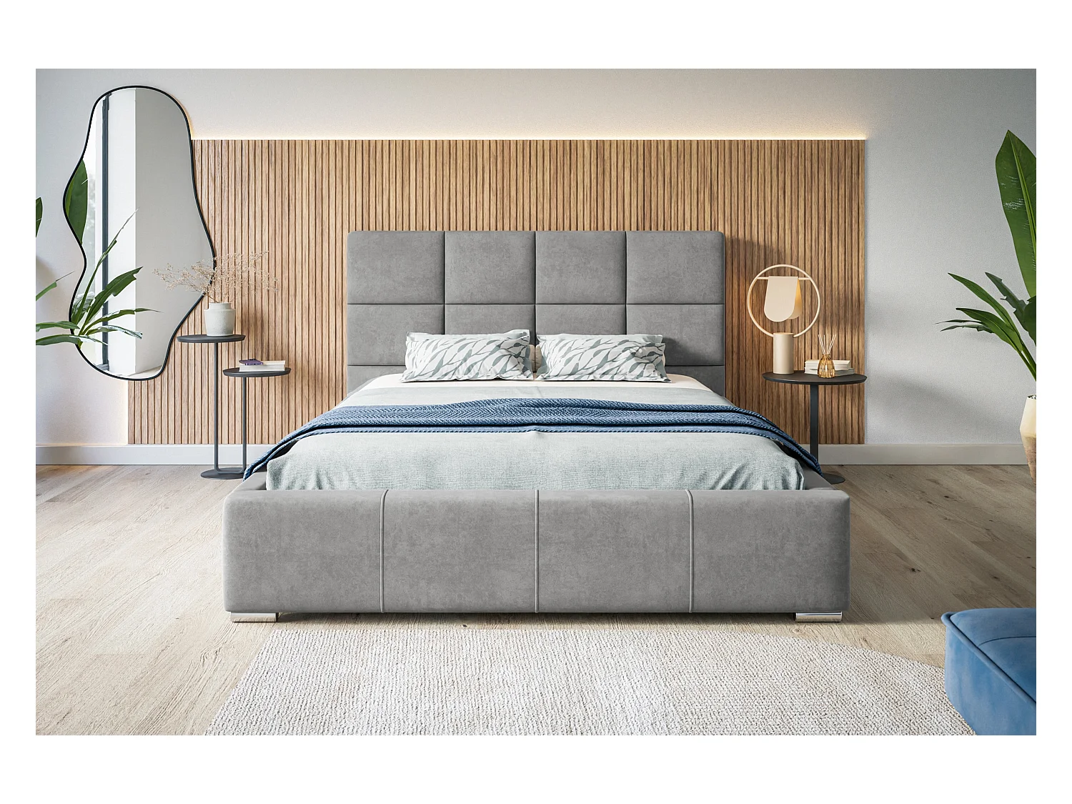 Lit rembourré Rom avec tête de lit, 140x200 cm, lit double avec coffre de rangement et sommier à lattes en bois, tissu velours, couleur : gris