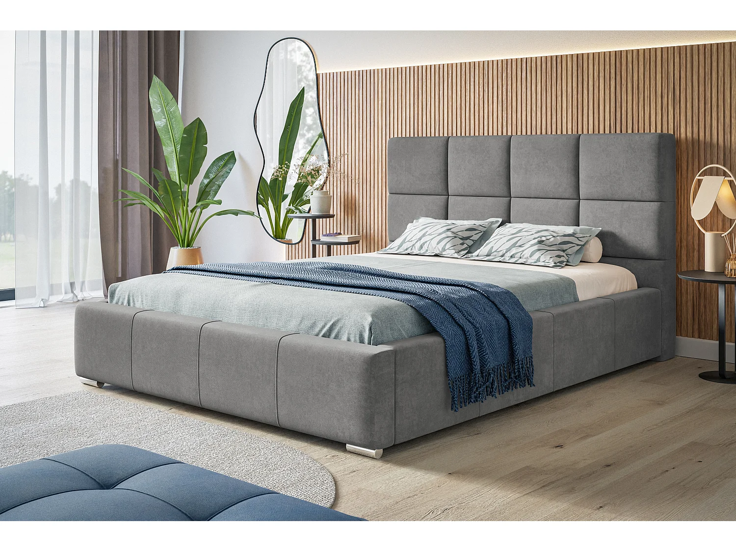 Lit rembourré Rom avec tête de lit, 140x200 cm,  avec coffre de rangement et sommier à lattes en bois, tissu velours, couleur: gris