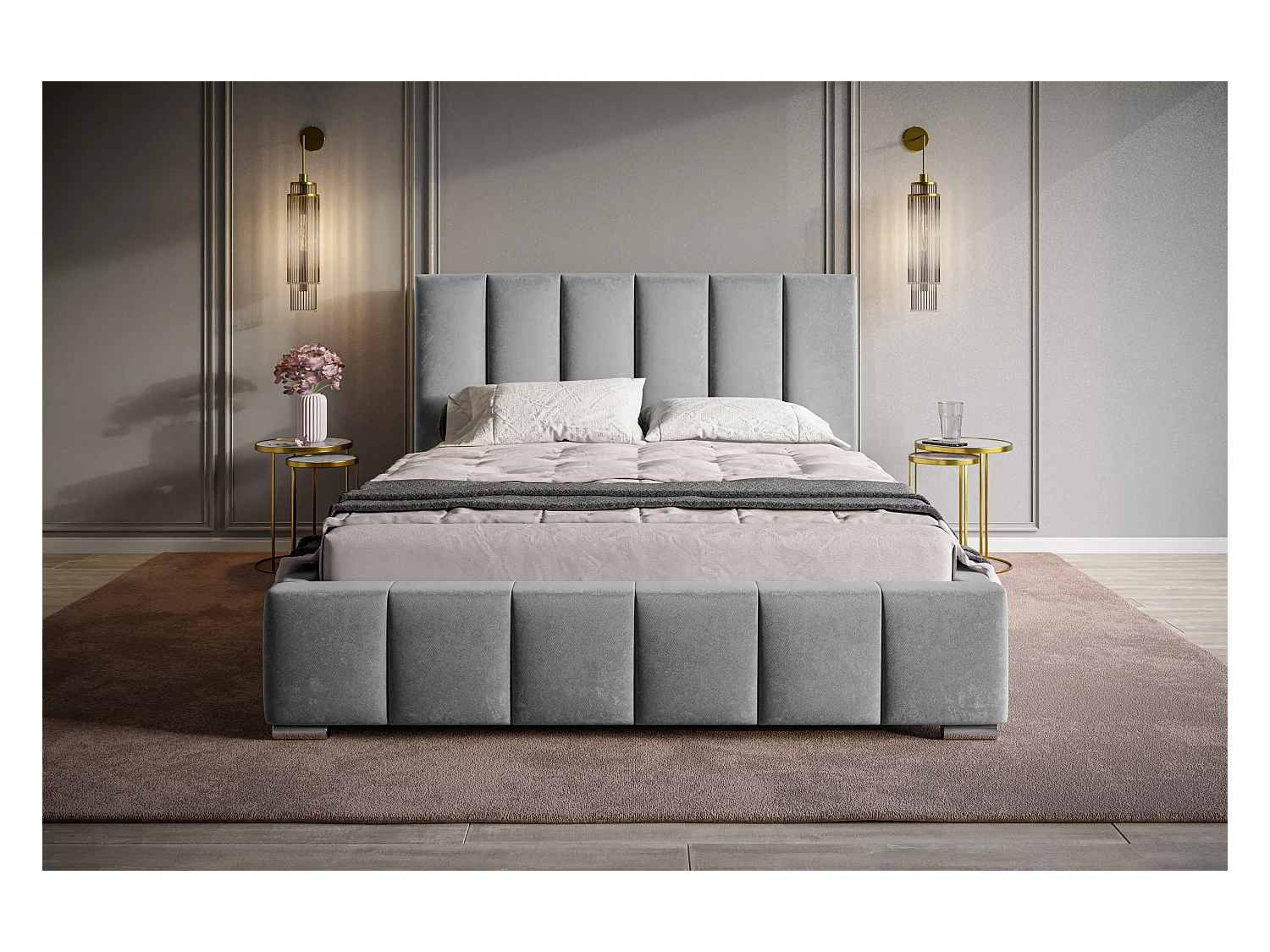 Lit rembourré Tokio avec tête de lit, 140x200 cm, lit double avec coffre de rangement et sommier à lattes en bois, tissu velours, couleur : gris