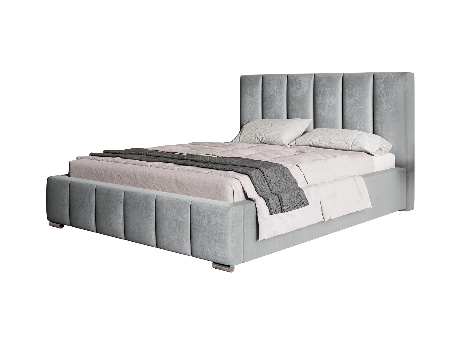 Lit rembourré Tokio avec tête de lit, 140x200 cm, lit double avec coffre de rangement et sommier à lattes en bois, tissu velours, couleur : gris