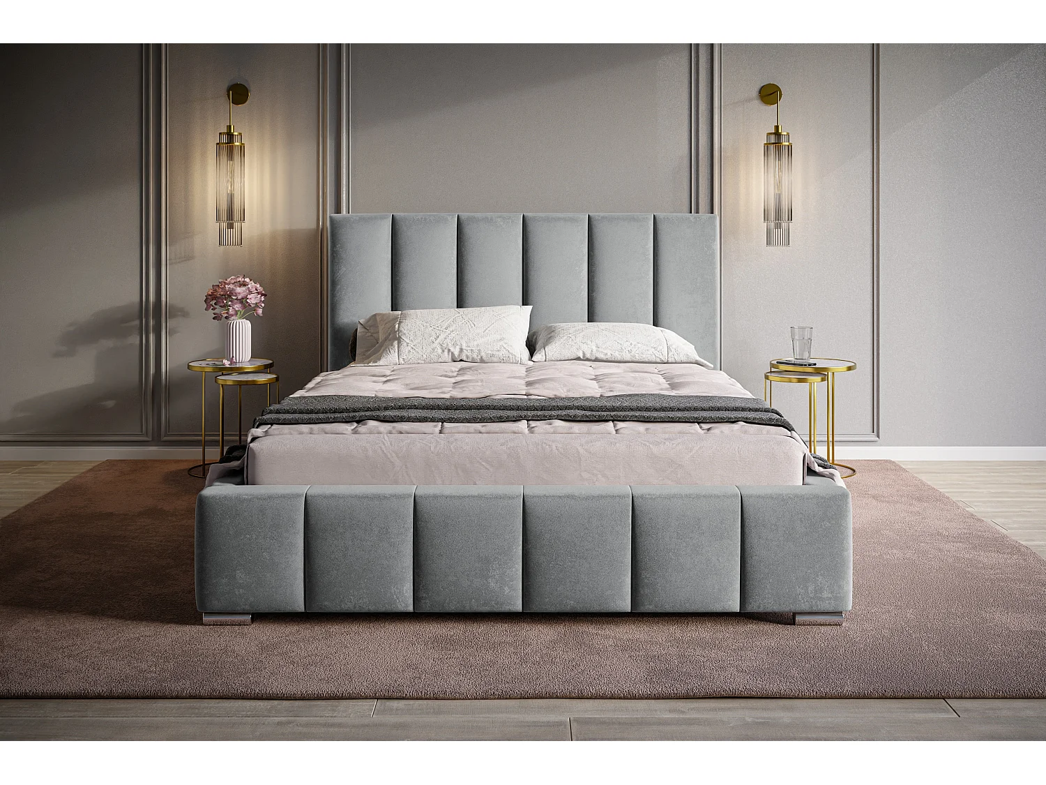 Lit rembourré Tokio avec tête de lit, 140x200 cm,  avec coffre de rangement et sommier à lattes en bois, tissu velours, couleur: gris
