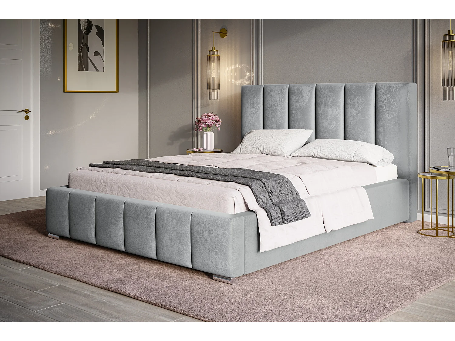 Lit rembourré Tokio avec tête de lit, 140x200 cm,  avec coffre de rangement et sommier à lattes en bois, tissu velours, couleur: gris