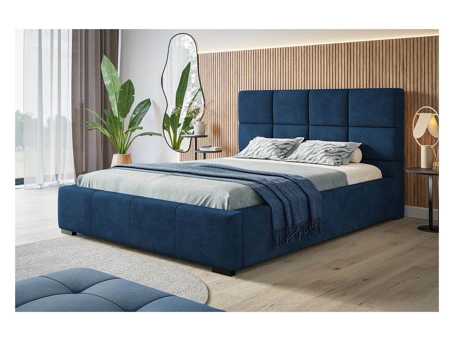 Lit rembourré Rom avec tête de lit, 120x200 cm, lit double avec coffre de rangement et sommier à lattes en bois, tissu velours, couleur : bleu foncé