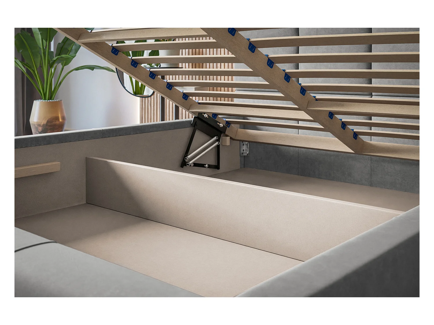 Lit rembourré Rom avec tête de lit, 120x200 cm, lit double avec coffre de rangement et sommier à lattes en bois, tissu velours, couleur : bleu foncé