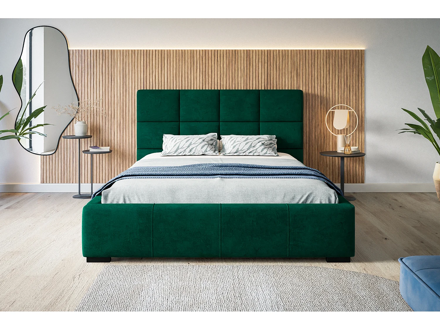 Lit rembourré Rom avec tête de lit, 160x200 cm,  avec coffre de rangement et sommier à lattes en bois, tissu velours, couleur: vert