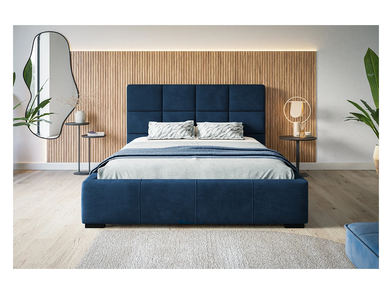 Lit rembourré Rom avec tête de lit, 160x200 cm, lit double avec coffre de rangement et sommier à lattes en bois, tissu velours, couleur : bleu foncé