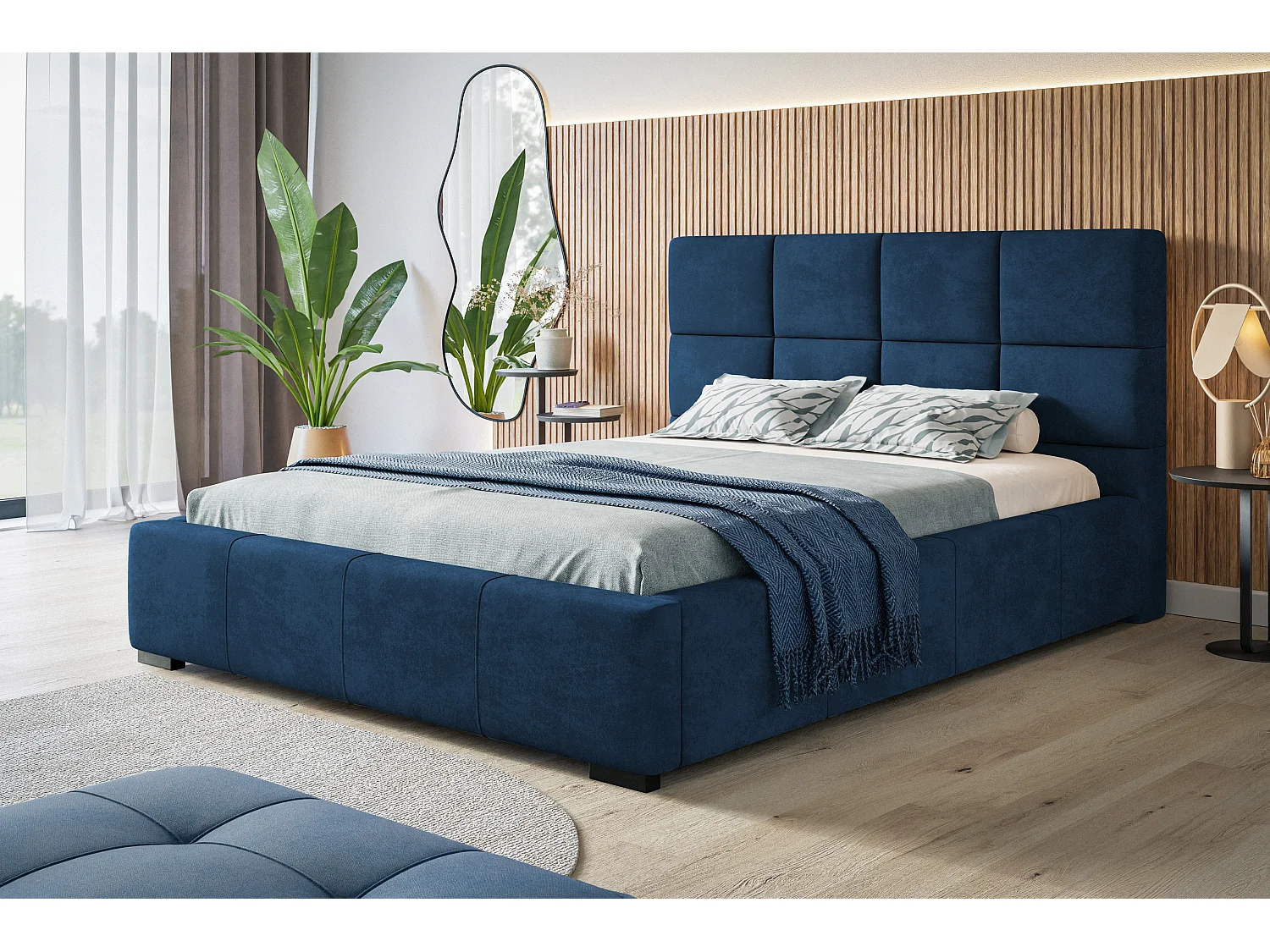 Lit rembourré Rom avec tête de lit, 160x200 cm,  avec coffre de rangement et sommier à lattes en bois, tissu velours, couleur: bleu foncé