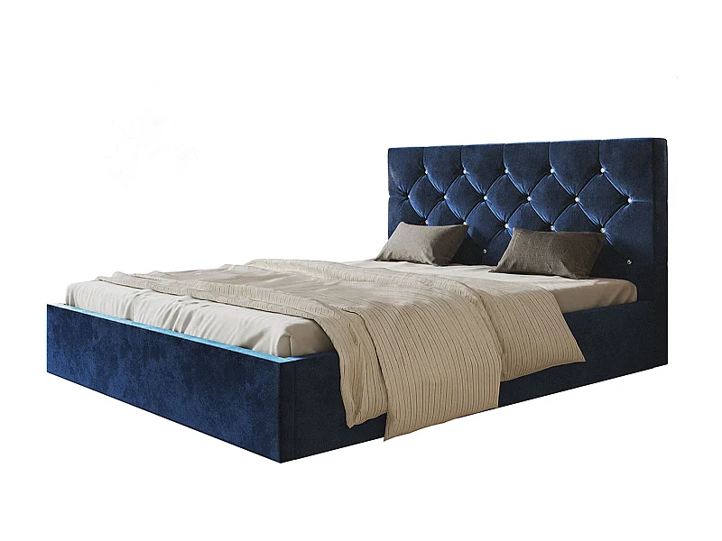 Lit rembourré BOSTON SLIM avec tête de lit, 160x200 cm, avec coffre de rangement et sommier à lattes en bois, couleur: bleu foncé, tissu velours