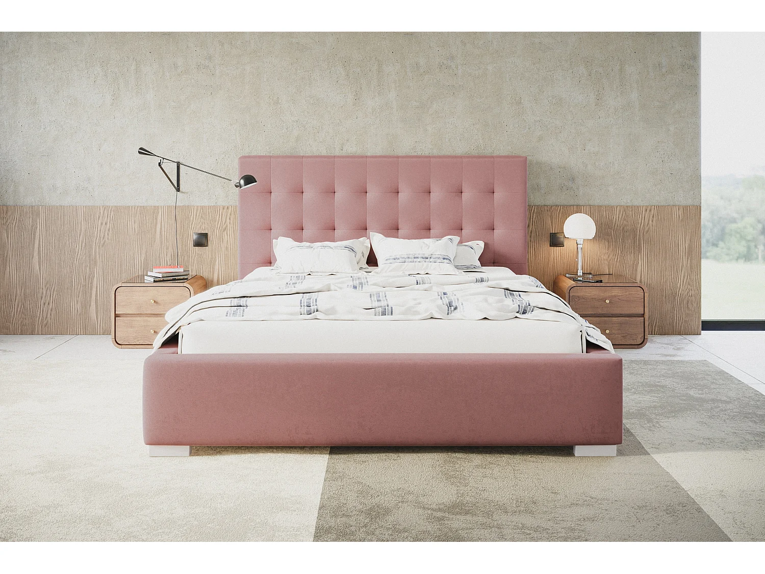 Lit rembourré RIO avec tête de lit, 140x200 cm,  avec coffre de rangement et sommier à lattes en bois, tissu velours, couleur: rose