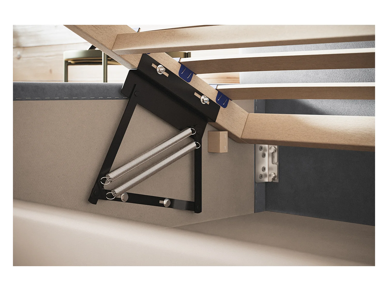 Lit rembourré Lisbonne avec tête de lit, 120x200 cm, lit double avec coffre de rangement et sommier à lattes en bois, tissu velours, couleur : bleu foncé