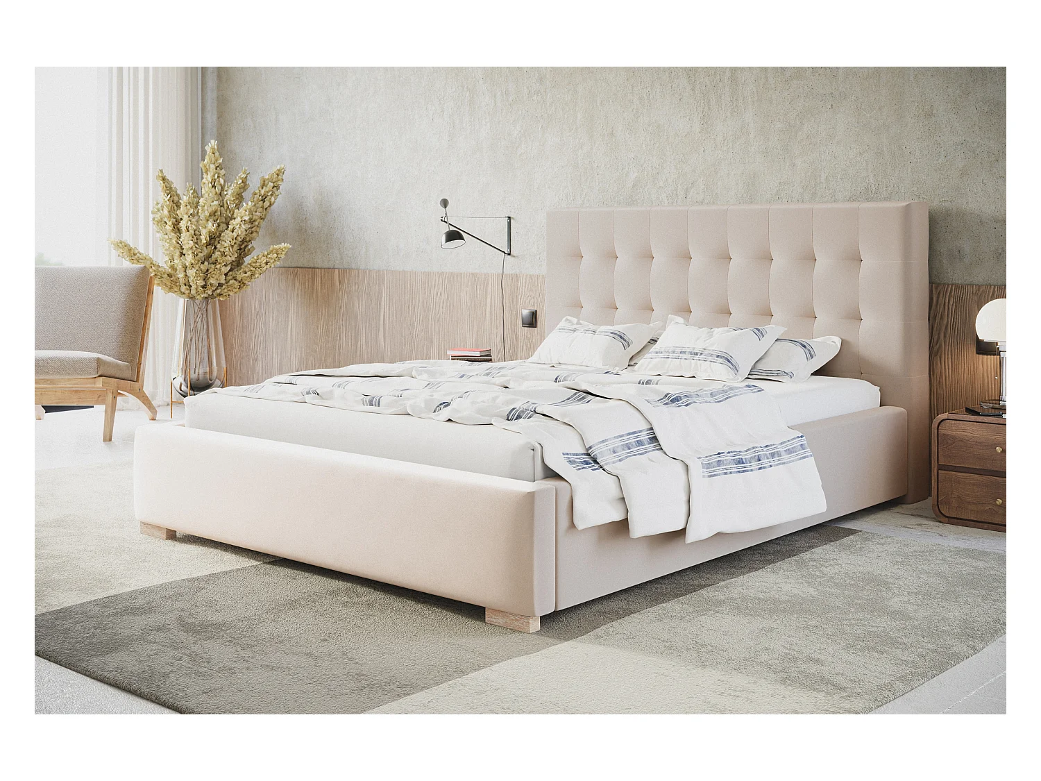 Lit rembourré RIO avec tête de lit, 140x200 cm, lit double avec coffre de rangement et sommier à lattes en bois, tissu velours, couleur : sable