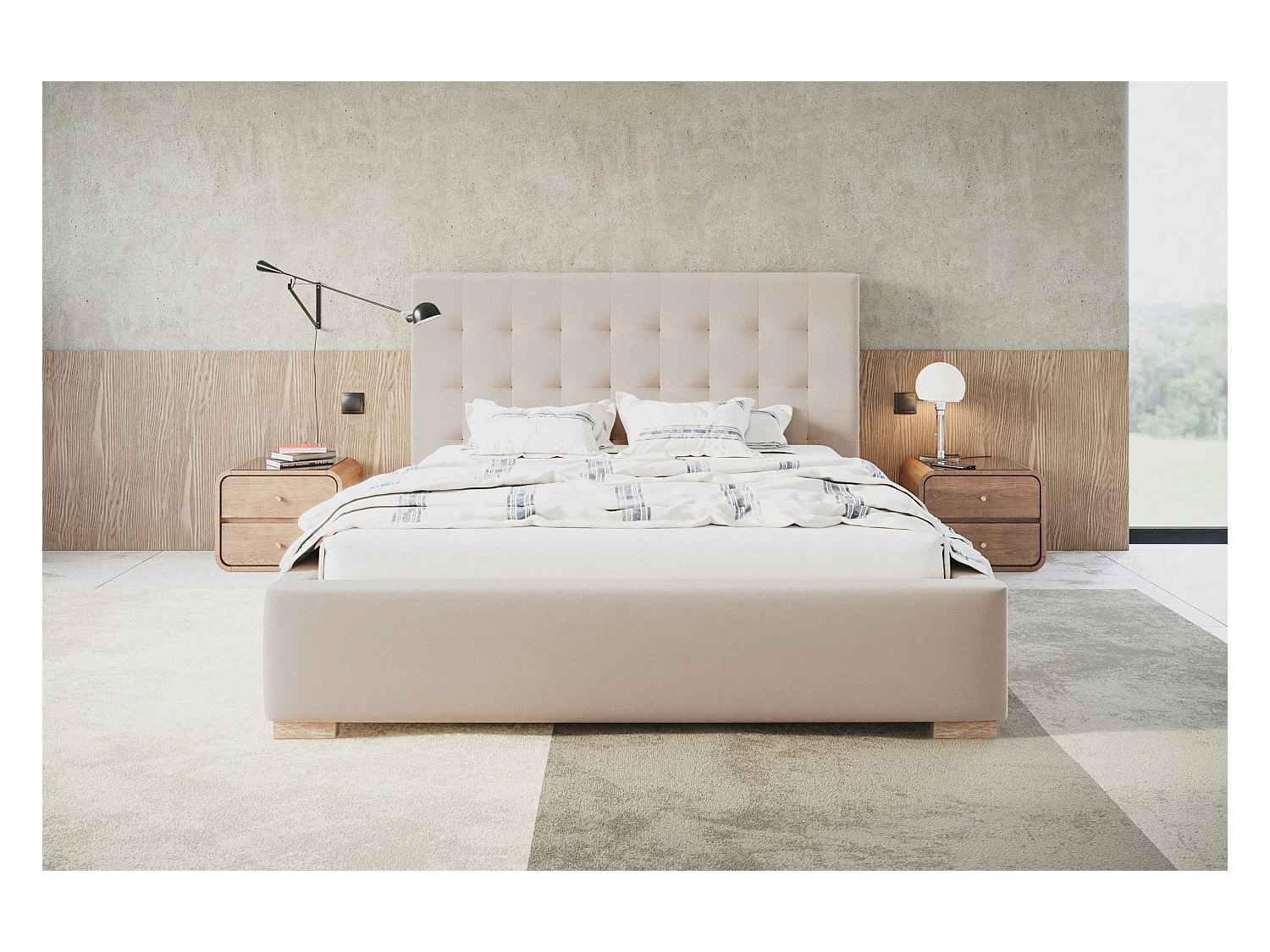 Lit rembourré RIO avec tête de lit, 140x200 cm, lit double avec coffre de rangement et sommier à lattes en bois, tissu velours, couleur : sable