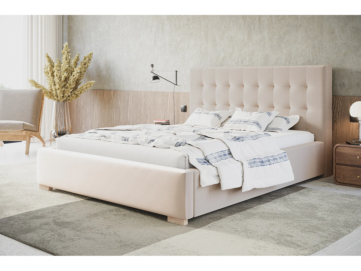 Lit rembourré RIO avec tête de lit, 140x200 cm, lit double avec coffre de rangement et sommier à lattes en bois, tissu velours, couleur : sable
