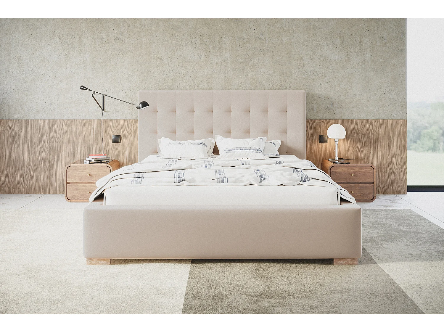 Lit rembourré RIO avec tête de lit, 120x200 cm,  avec coffre de rangement et sommier à lattes en bois, tissu velours, couleur: sable