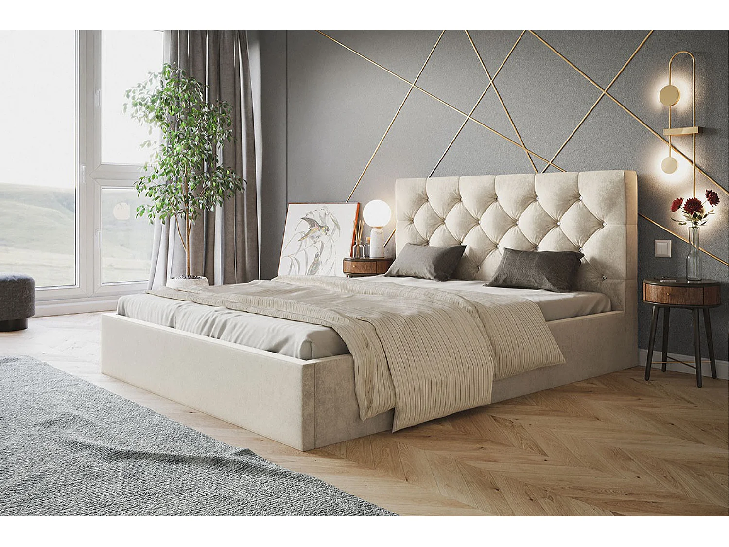 Lit rembourré BOSTON SLIM avec tête de lit, 160 x 200 cm, lit double avec coffre de rangement et sommier à lattes en bois, couleur : beige, tissu velours
