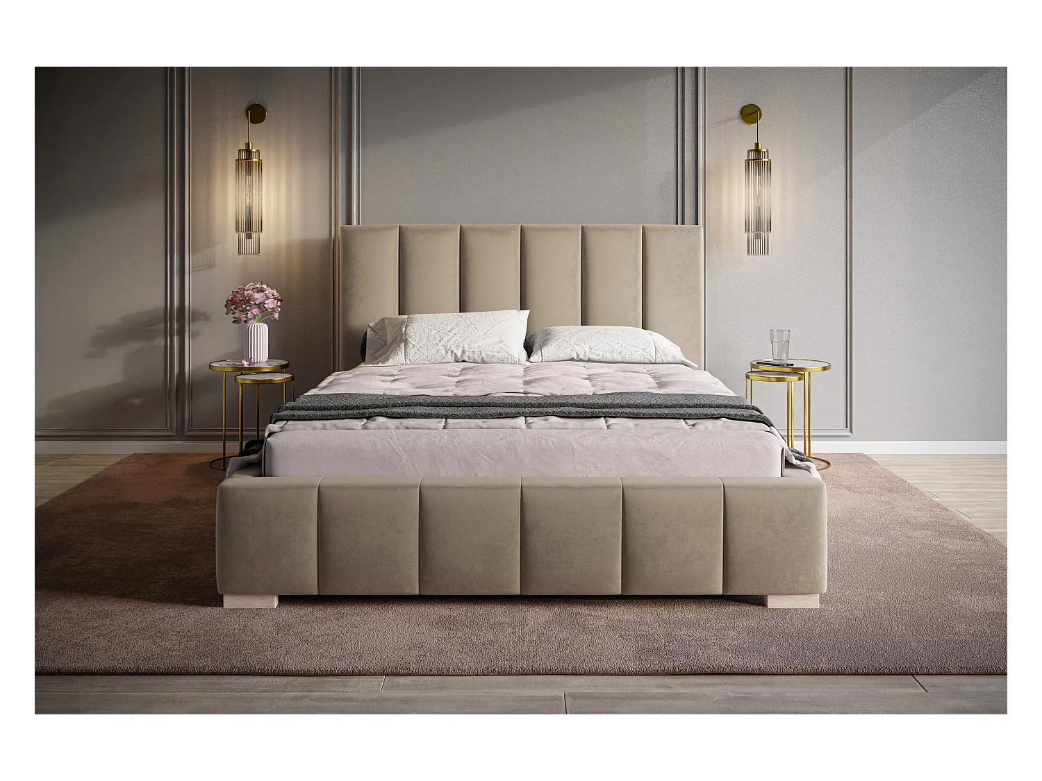 Lit rembourré Tokio avec tête de lit, 180x200 cm, lit double avec coffre de rangement et sommier à lattes en bois, tissu velours, couleur : beige