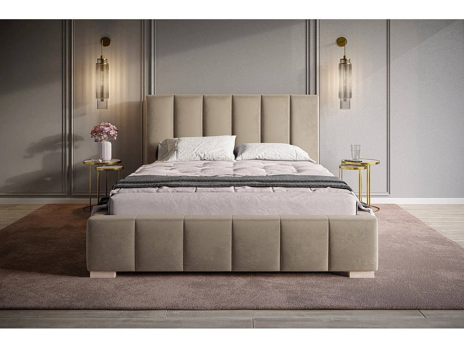 Lit rembourré Tokio avec tête de lit, 180x200 cm,  avec coffre de rangement et sommier à lattes en bois, tissu velours, couleur: beige