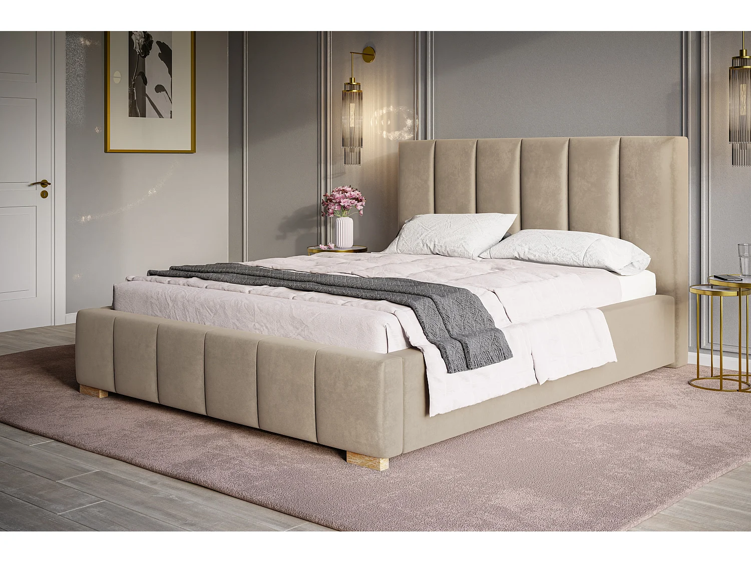 Lit rembourré Tokio avec tête de lit, 180x200 cm,  avec coffre de rangement et sommier à lattes en bois, tissu velours, couleur: beige