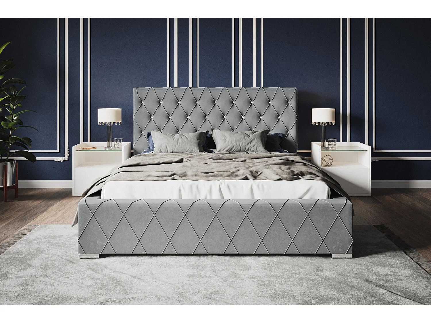 Lit rembourré Berlin avec tête de lit, 180x200 cm,  avec coffre de rangement et sommier à lattes en bois, tissu velours, couleur: gris