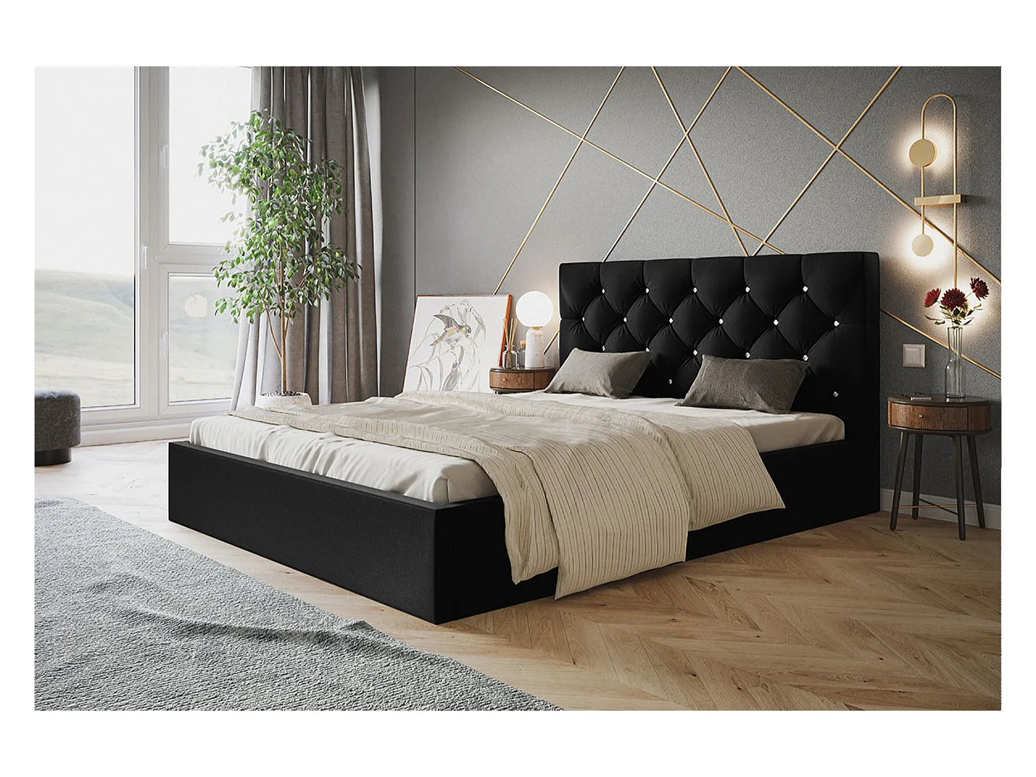Lit rembourré BOSTON SLIM avec tête de lit, 160 x 200 cm, lit double avec coffre de rangement et sommier à lattes en bois, couleur : noir, tissu velours