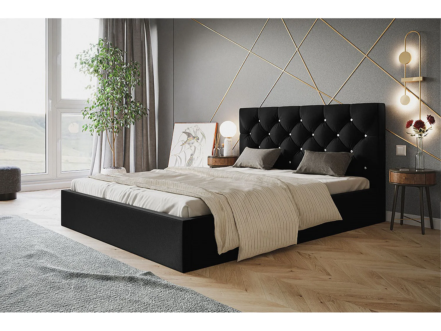 Lit rembourré BOSTON SLIM avec tête de lit, 180 x 200 cm, lit double avec coffre de rangement et sommier à lattes en bois, couleur : noir, tissu velours